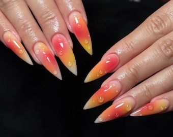 Sunset Rainbow Airbrush Press On Nails: Luxury Almond Stiletto Style