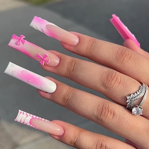 Luxury custom nails/ free style/ long nails/pink ombre nails/ 3D water drop nails/french tip nails/ pink white nails/croc blooming nails