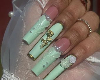 Luxury Press On Nails: Teal French Tip, 3D Flower, Gold Chrome
