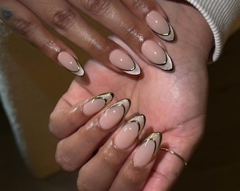 Luxury Press On Nails: Gold Chrome French Tip, Cat Eye, Custom Style