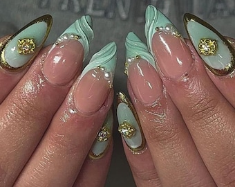 Luxury Teal Almond Stiletto Press On Nails: 3D Fairy Garden Style