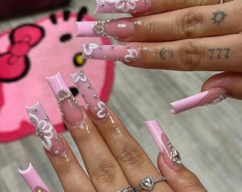 Uñas postizas de gel 3D de lujo: punta francesa cuadrada rosa Y2K