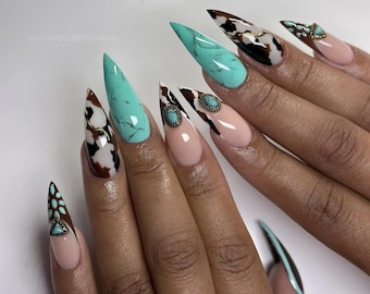 Cow Print French Tip Press On Nails: Western Cowboy Style