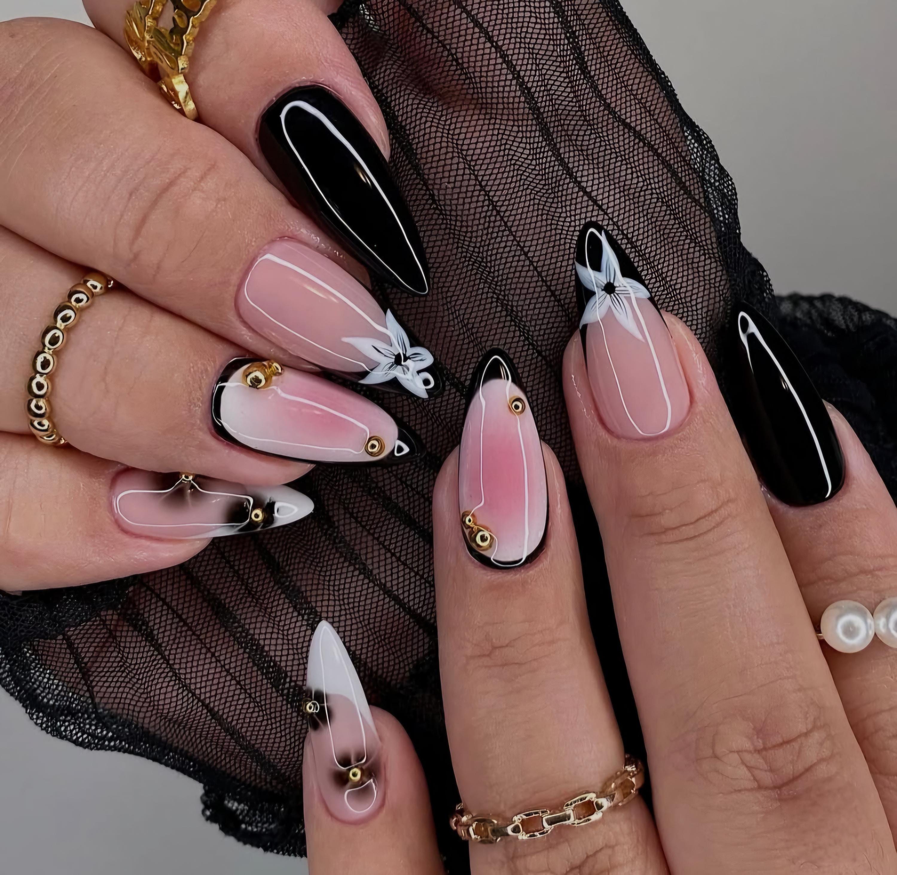 acrylic prom nails for black dress Luxury Press on Nails: Black, Pink Aura, Gold, Flower, Metallic Hot Selling Homecoming Dresses