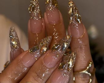 Luxury Press On Nails: Gold Champagne Bling, gold glitter ombre