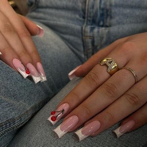 Luxury custom nails/ free style/ long nails/ party nails/ white classic french tip/fruit nails/ cherry nails/ simple nails/ cute nails/