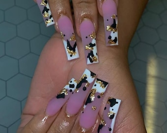 Luxury custom nails/ free style/ long nails/ party nails/cow print nails/ black and white nails/matte nails/gold nails/ french tip nails