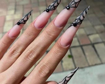 Luxury Press On Nails: Spiderweb Halloween Stiletto Nails