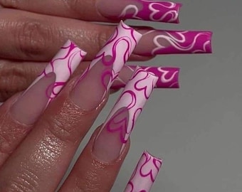 Uñas postizas de lujo: diseño de corazón rosa, uñas largas personalizadas para San Valentín