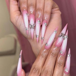 Luxury custom nails/ free style/ long nails/ fairy garden nails/milky white pink aura/bow coquette charms cute Kawaii nails/french tip nails