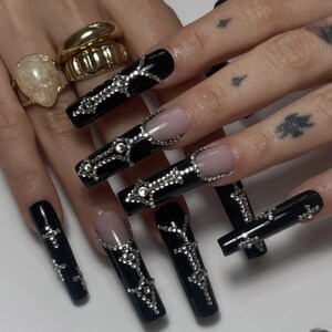 Bling Rhinestone Press On Nails: Black French Tip, Western Design