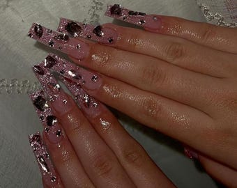Luxury custom nails/ free style/ long nails/ party nails/ pink bling nails/ cat eye nails/ pink glitter ombre nails/ bling rhinestone nails