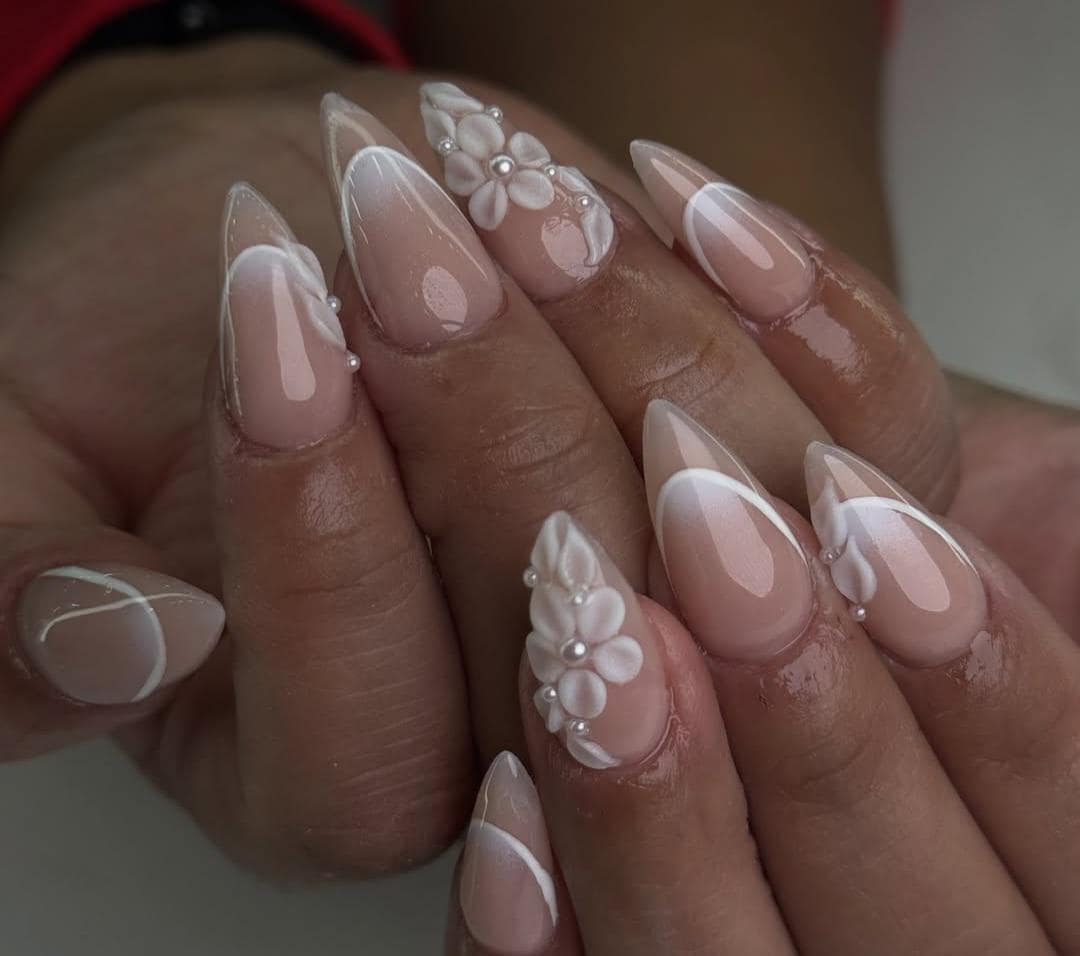 Luxury weeding 3D Floral Press On Nails: Long White Gel, Custom Freestyle