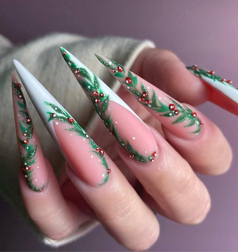 Luxury Christmas Press on Nails: Holiday Greenery, Red Berries - Etsy
