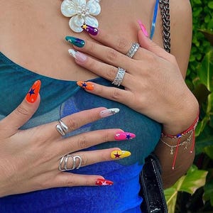Luxury custom nails/ free style/ long nails/funky y2k 2000s nails/rainbow nails/colorful nails/star nails/cute nails/trendy nails/French tip