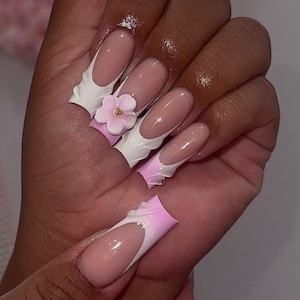 Luxury custom nails/ free style/ long nails/ fairy garden nails/ 3D gel flower nails/french tip nails/ pink nails/trendy 3d line nails