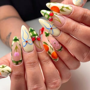 Luxury Press On Nails: Summer Picnic Plaid, Cherry Orange Fruit Nails
