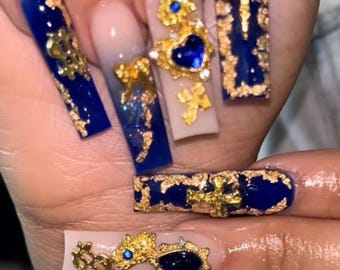 Luxury Blue & Gold Chrome Press-On Nails: Custom Stiletto Almond