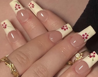 Luxury custom nails/ free style/ long nails/3d gel nails/ cute nails/beige nails/flower nails/ y2k 2000s french tip white cream