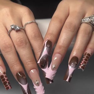 Luxury custom nails/ free style/long nails/party nails/ y2k nails/ 3D gel nails/french tip nails/trendy nails/pink brown nails/cyber nail