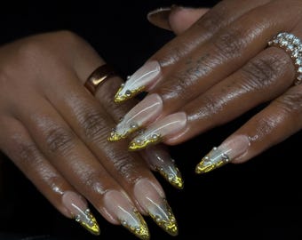Luxury Custom Press On Nails: cat eye, Gold Chrome French Tip