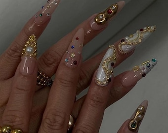 Luxury Rhinestone Press On Nails: Gold Chrome 3D Junk Nails