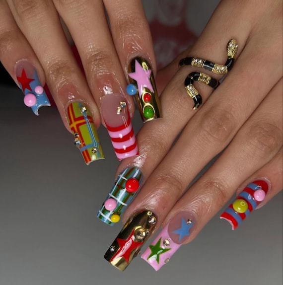 新品 希少！！ROCO NAILS ヒョウ柄 パンツ 平成ギャル Y2K 00s Funky Y2K Press on Nails: Croc, Zebra, Rainbow - Long Freestyle - Etsy