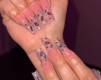 Luxury Press On Nails: Ombre Glitter Bling, Square Long Nails