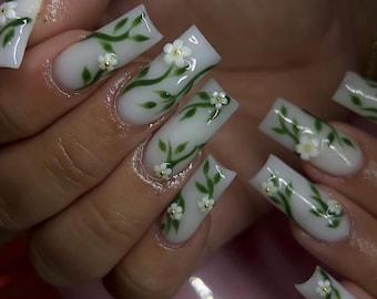 Luxury custom nails/ free style/ long nails/fairy garden/ vine leaves flower nails/milky white nails/ trendy nails/ cute nails/square nails