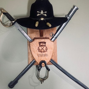 Personalized display for Cavalry Stetson, Saber (or Sword), and Spurs mount/plaque. Cowboy presentation. Military retirement award.