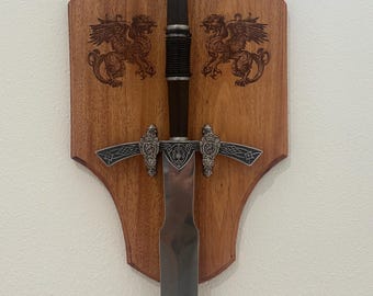 Handmade Wooden Sword Display: customizable laser engraved medieval sword Wall Mount