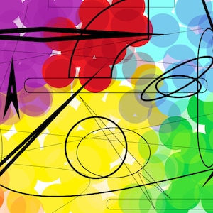 Puede incluir: Impresión de arte abstracto con círculos superpuestos en tonos de morado, rojo, amarillo, verde y azul. Líneas y formas negras se superponen a los círculos, creando un diseño dinámico y moderno.