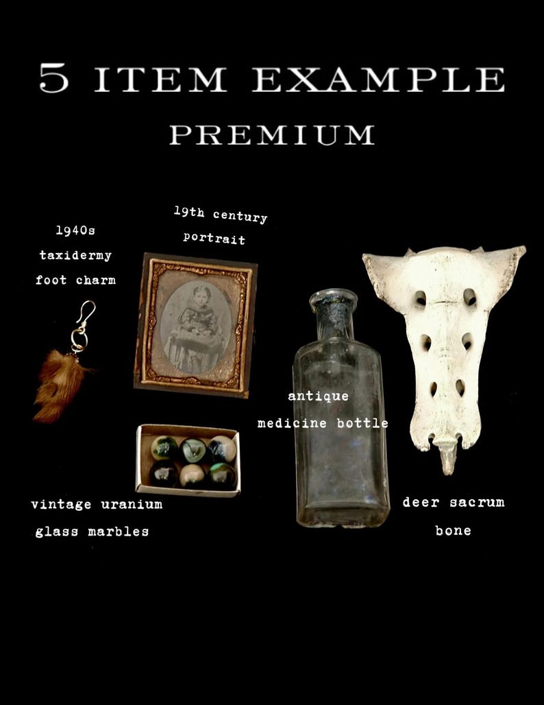 May include: An assortment of vintage items on a black background. Includes a 1940s taxidermy foot charm, a 19th-century portrait, an antique medicine bottle, a deer sacrum bone, and vintage uranium glass marbles.