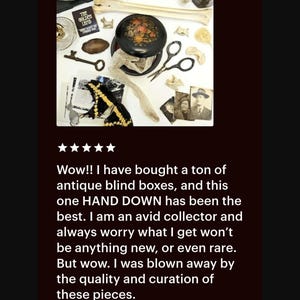 May include: An assortment of antique items, including a black round box with floral design, keys, scissors, and old photographs. The items are arranged on a white surface, suggesting a collection or curated display.