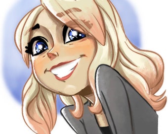 May include: A cartoon illustration of a woman with long blonde hair, wearing a gray jacket. She is smiling with her eyes wide open and looking directly at the viewer.