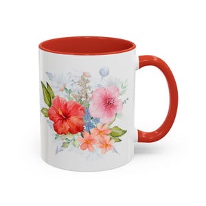 Customizable Vibrant Floral Red Accent Coffee Mug - Gift for Plant Lovers, Home Decor, Mother, Newlyweds, Housewarming or Birthday