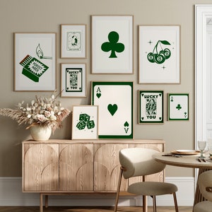 Trendy Retro Wall Art Set of 9,Retro Trendy Aesthetic Green,Lucky You Poster, Green Print, Trendy Wall Art, Casino wall art Funny Art.