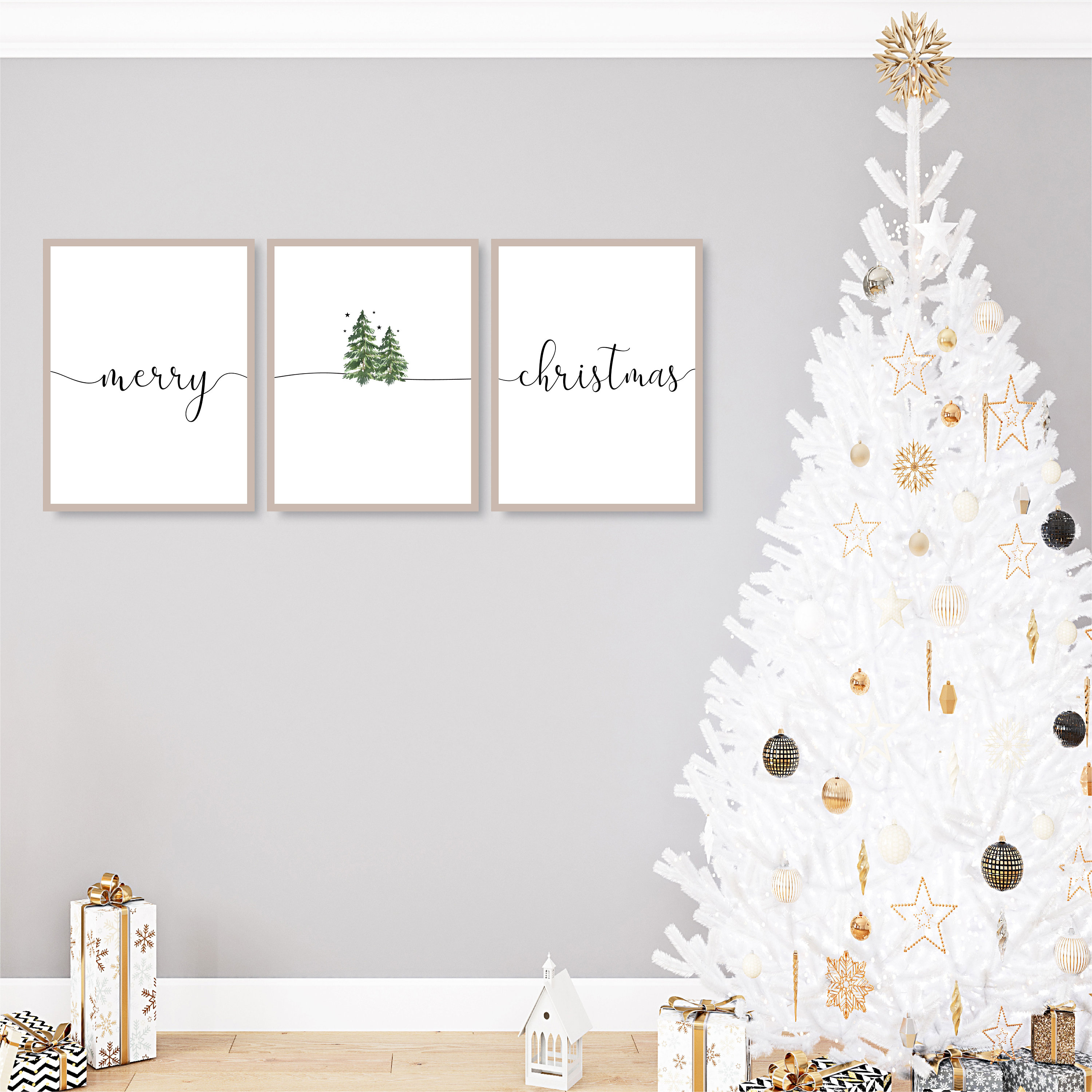 Merry Christmas Wall Art, Set of 3 Christmas Prints, Holiday Wall Decor