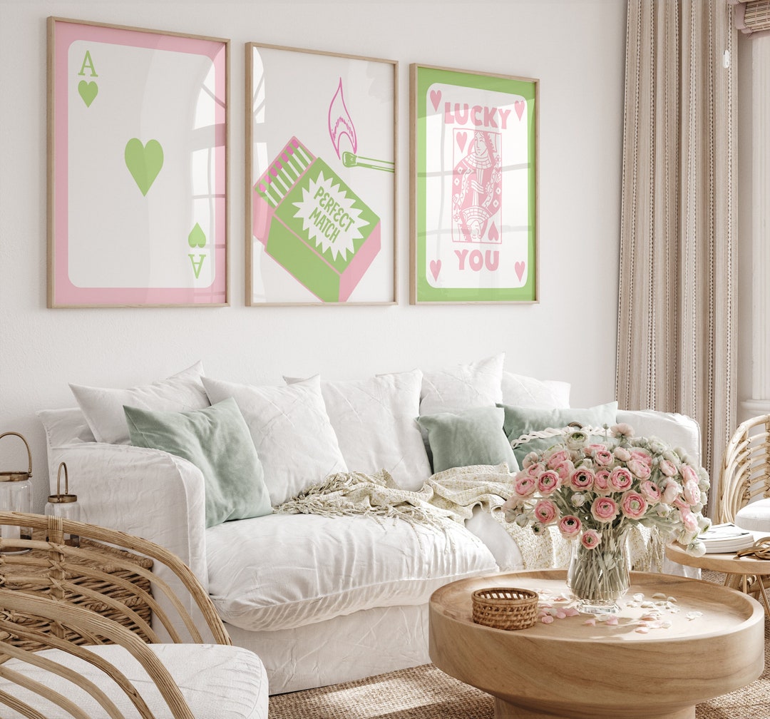 Retro Wall Art Set of 3,pink Green Trendy Aesthetic Print,lucky You