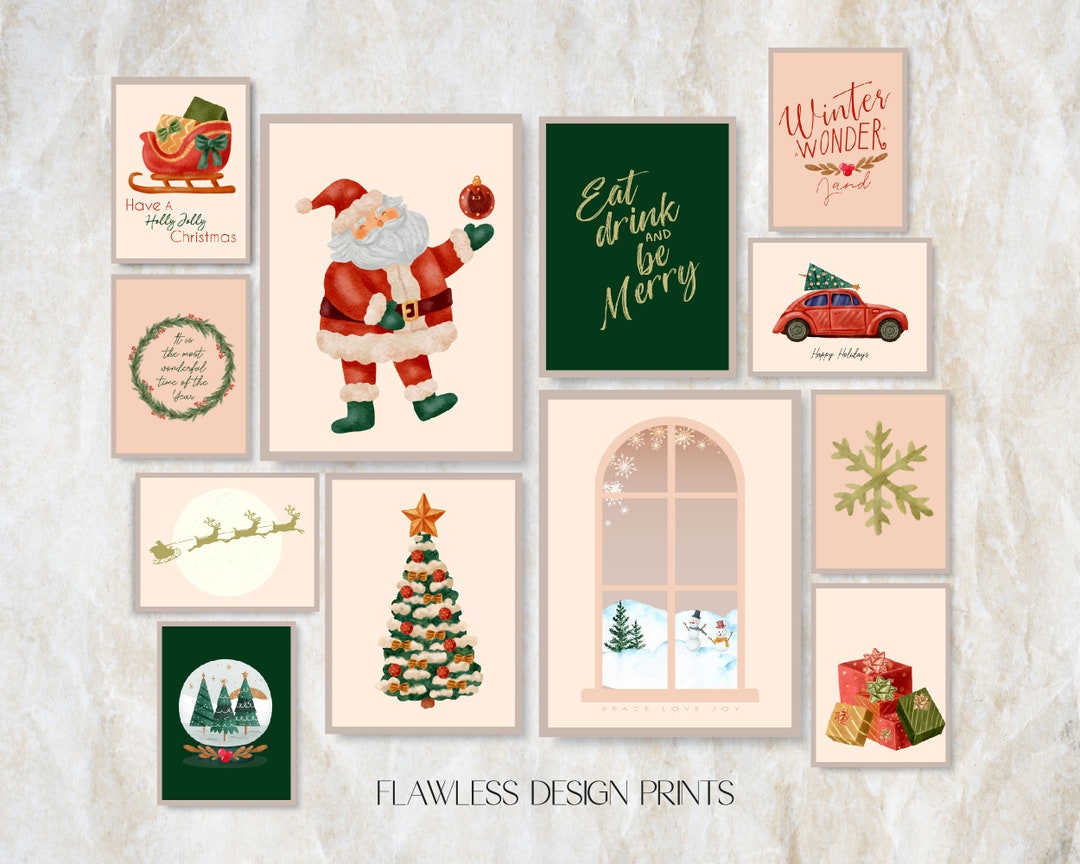 Retro Christmas Wall Art Bundle of 12,printable Gallery Wall Art Set