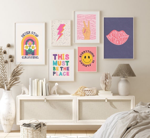 Indie Room Decor Aesthetic, Rosa Wandkunst Set von 6 Prints, Retro