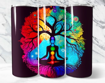 Chakra Tumbler Wrap Tree of Life PNG, Yoga 20 oz Skinny Tumbler Sublimation Design, Instant Download (+101 free Designs)