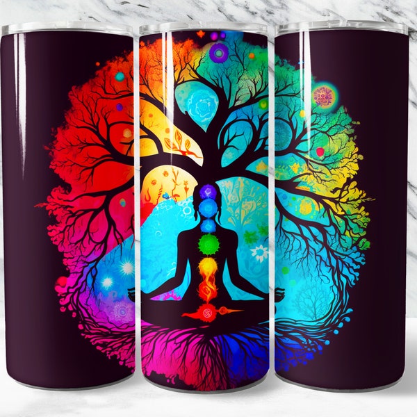 Chakra Tumbler Wrap Tree of Life PNG, Yoga 20 oz Skinny Tumbler Sublimation Design, Instant Download (+101 free Designs)