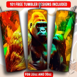 Gorilla Tumbler Wrap PNG, Gorilla 20 oz Skinny Tumbler Sublimation Design, Instant Download (+101 free Designs)