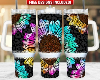 Tie Dye Girassol 40 onças Tumbler Wrap PNG Design, Tie-Dye Sunflower 40 onças Quencher Tumbler Sublimation Wrap, 40 onças Tumbler PNG Download instantâneo