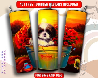 Lindo Shih Tzu Tumbler Wrap PNG, Diseño de sublimación de vaso flaco de perro de 20 oz, descarga instantánea (+101 diseños gratuitos)