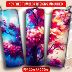 Oilpainting Cherry Blossom Tumbler Wrap PNG, Cherry Blossom 20 oz Skinny Tumbler Sublimation Design, Instant Download (+101 free Designs)
