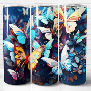 Colorful 3D Butterfly Tumbler Wrap PNG Design, 3D Butterfly Sublimation Wrap, 20 oz Skinny Tumbler Wrap, Instant Download