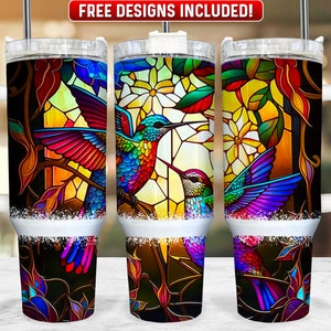 Stained Glass Hummingbird 40oz Tumbler Wrap PNG Design, Hummingbird 40oz Quencher Tumbler Sublimation Wrap, 40 oz Tumbler PNG