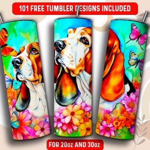 Basset Hound Tumbler Wrap PNG, Propriétaire de chien 20 oz Skinny Tumbler Sublimation Design, Téléchargement instantané (+101 modèles gratuits)